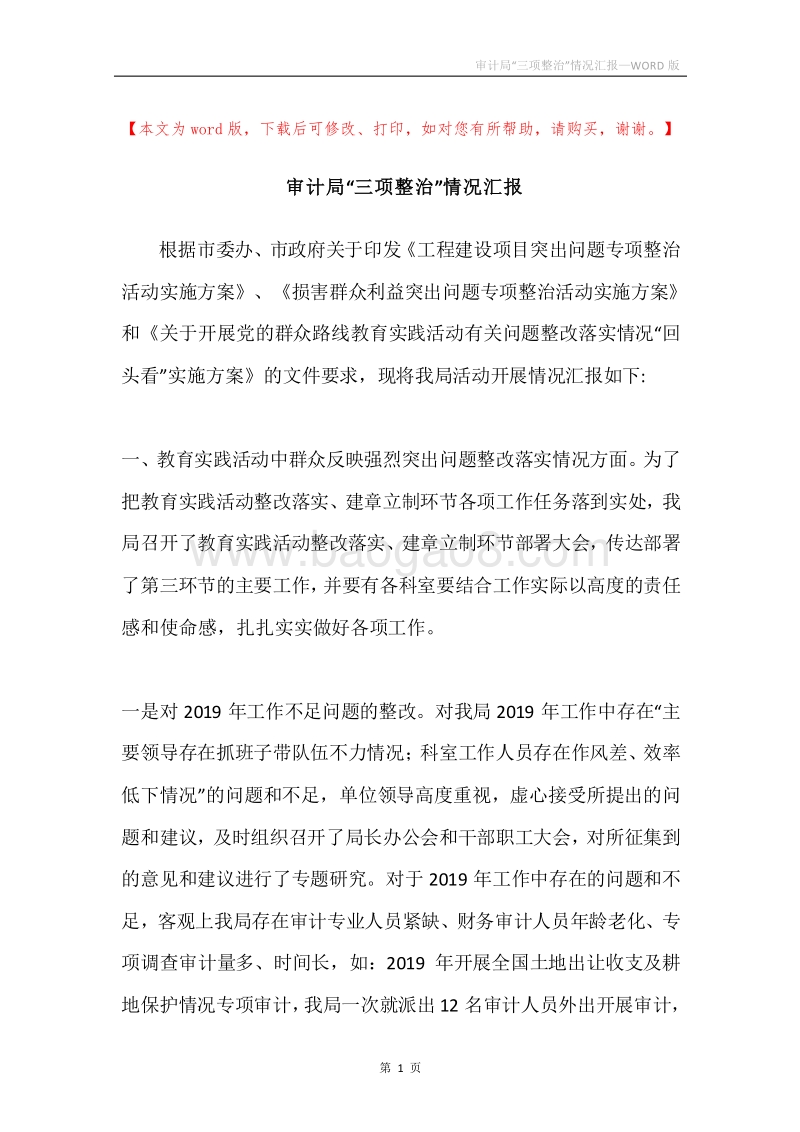 审计局“三项整治”情况汇报.docx_第1页