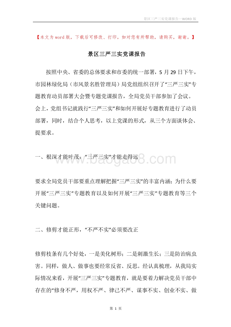 景区三严三实党课报告.docx_第1页