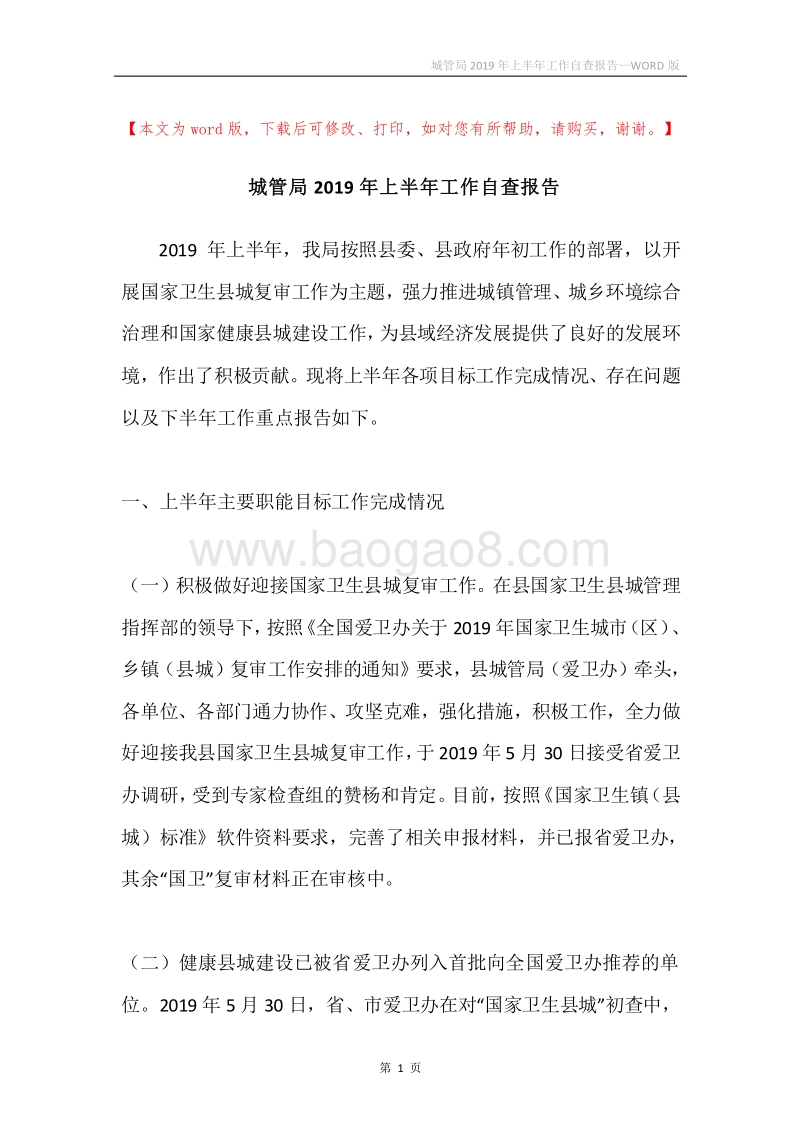 城管局2019年上半年工作自查报告.docx_第1页