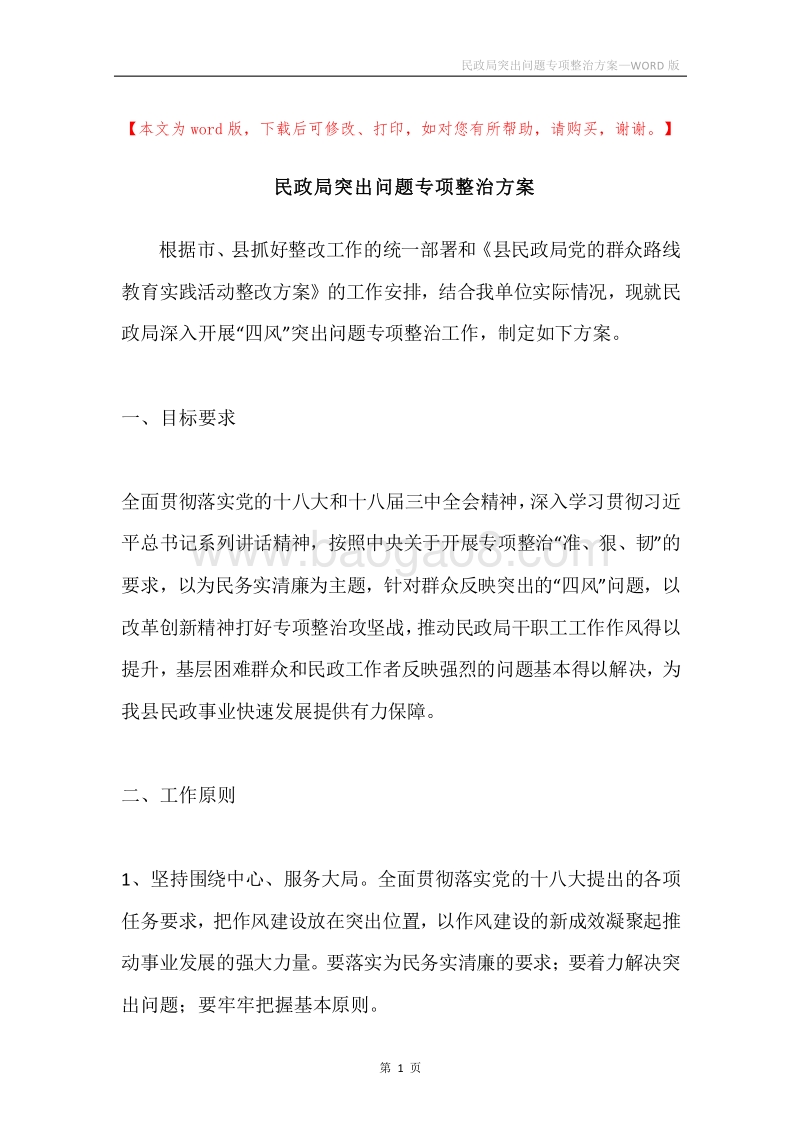 民政局突出问题专项整治方案.docx_第1页