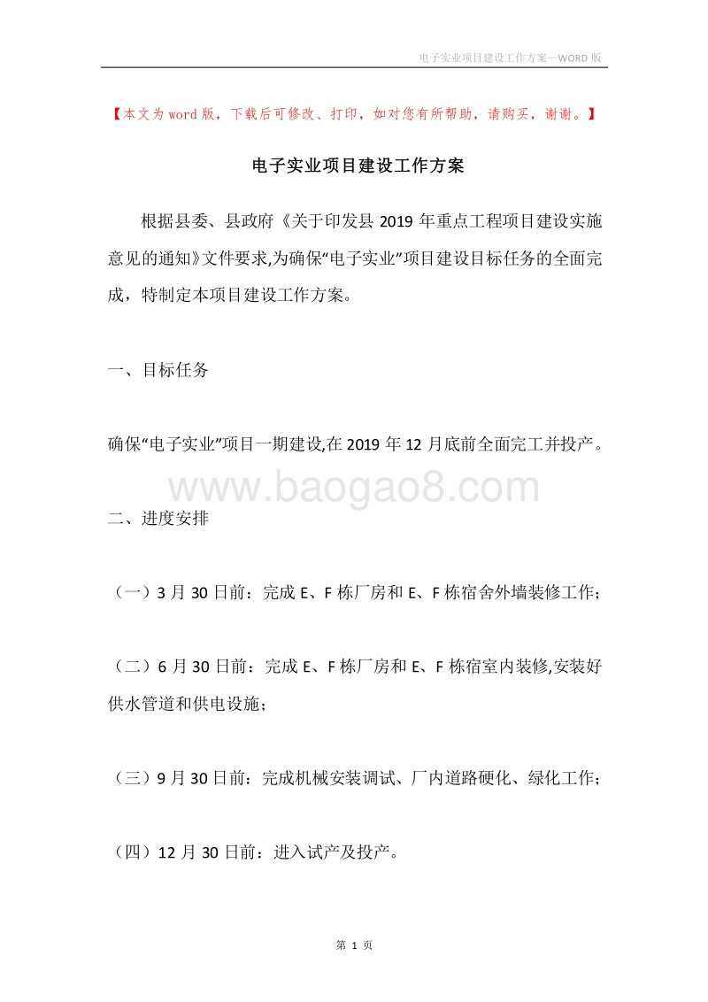 电子实业项目建设工作方案.docx_第1页