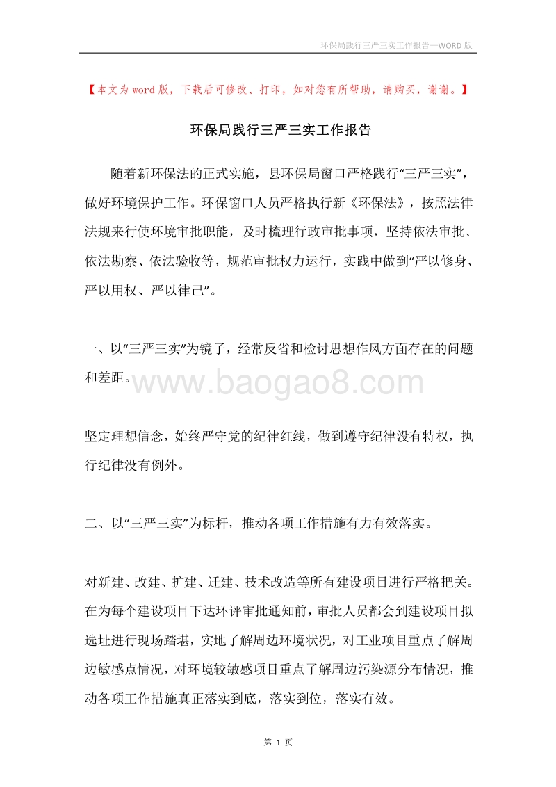 环保局践行三严三实工作报告.docx_第1页