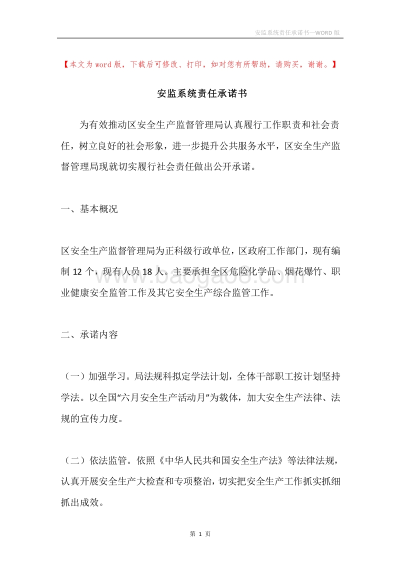 安监系统责任承诺书.docx_第1页