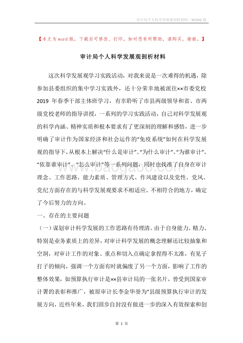审计局个人科学发展观剖析材料.docx_第1页