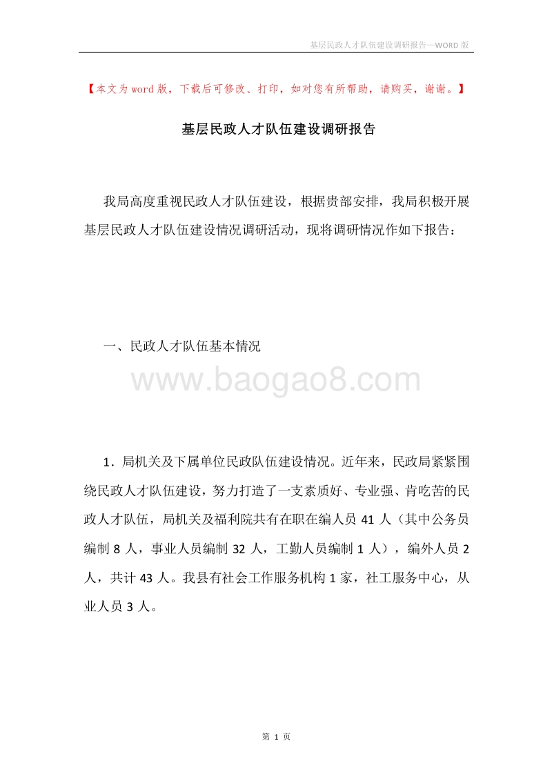 基层民政人才队伍建设调研报告.docx_第1页