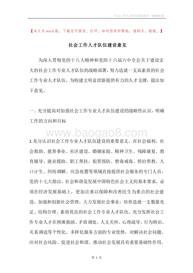 社会工作人才队伍建设意见.docx_第1页