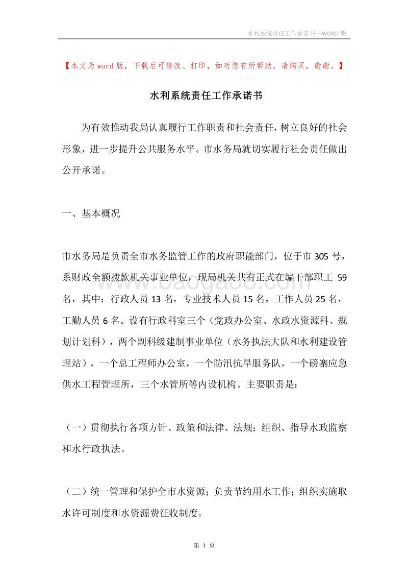 水利系统责任工作承诺书.docx_第1页