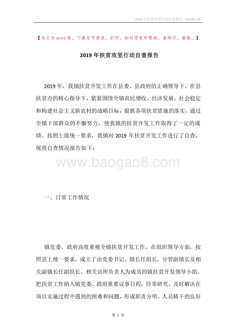 2019年扶贫攻坚行动自查报告.docx_第1页