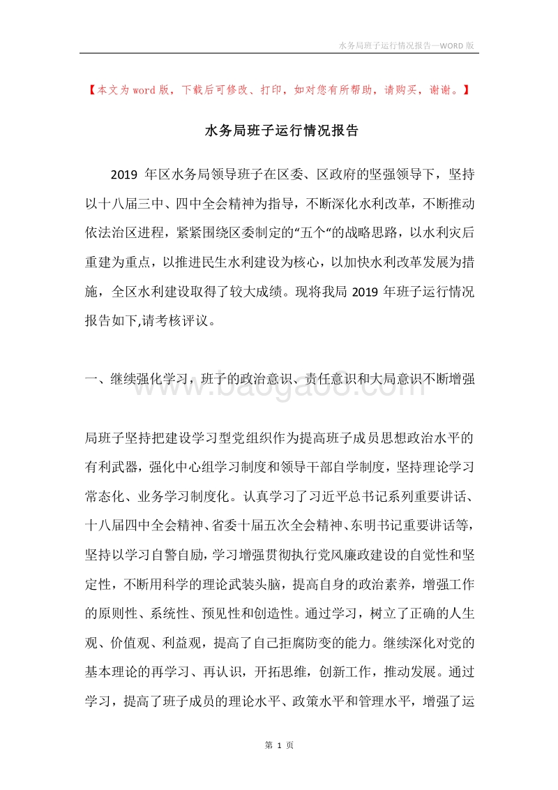 水务局班子运行情况报告.docx_第1页