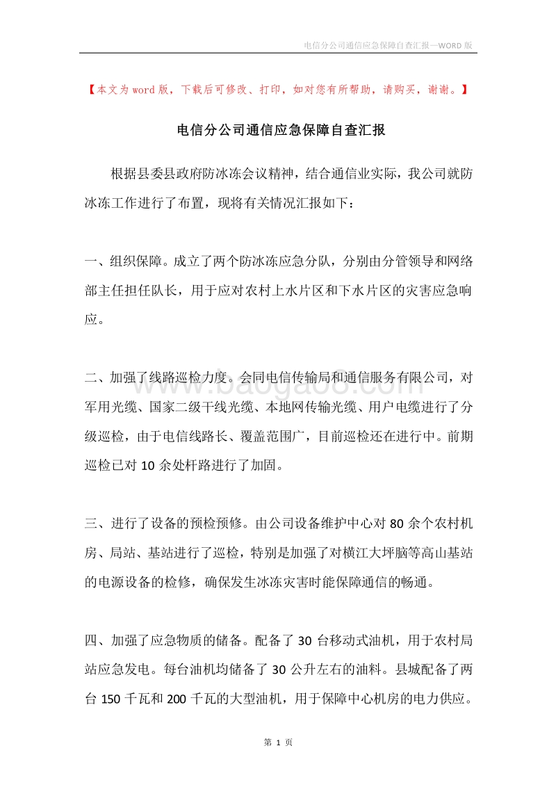 电信分公司通信应急保障自查汇报.docx_第1页