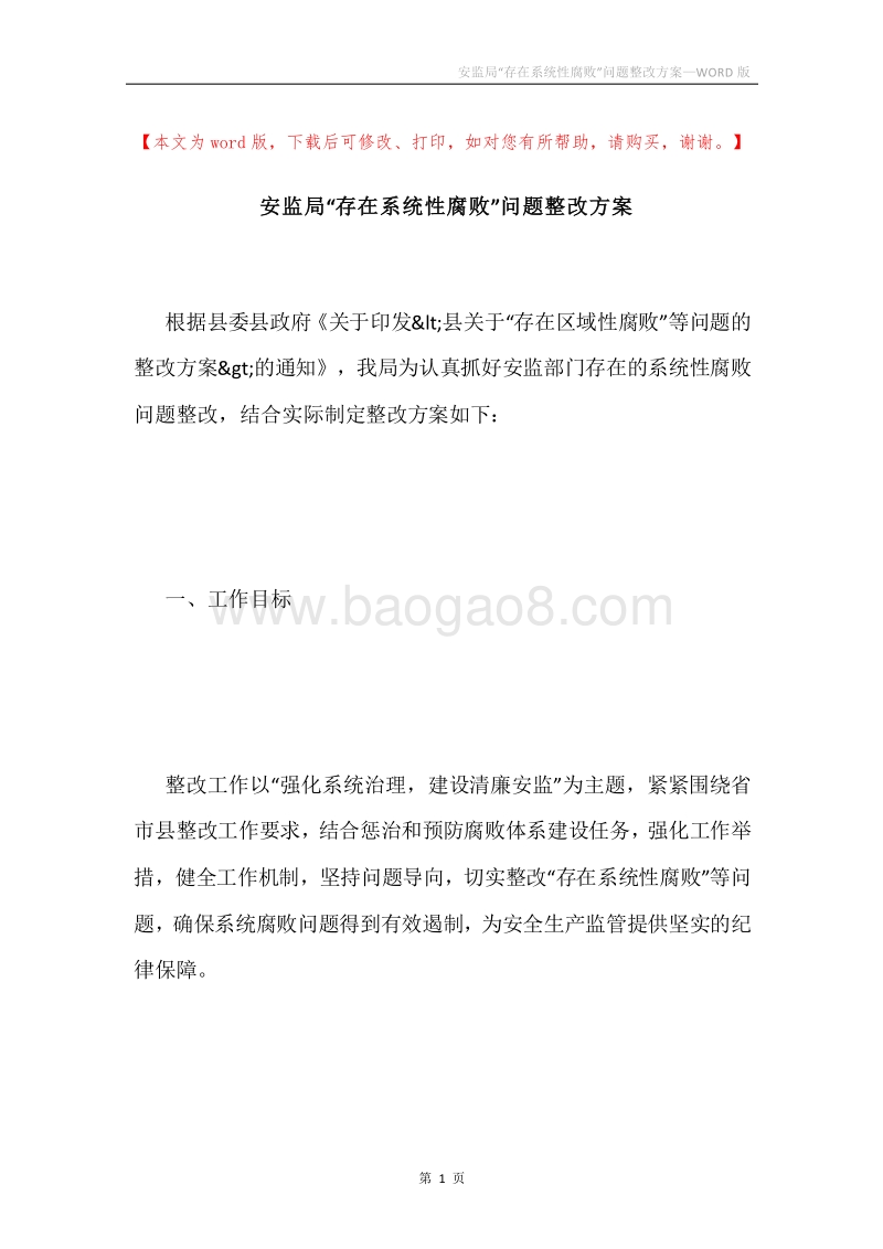 安监局“存在系统性腐败”问题整改方案.docx_第1页