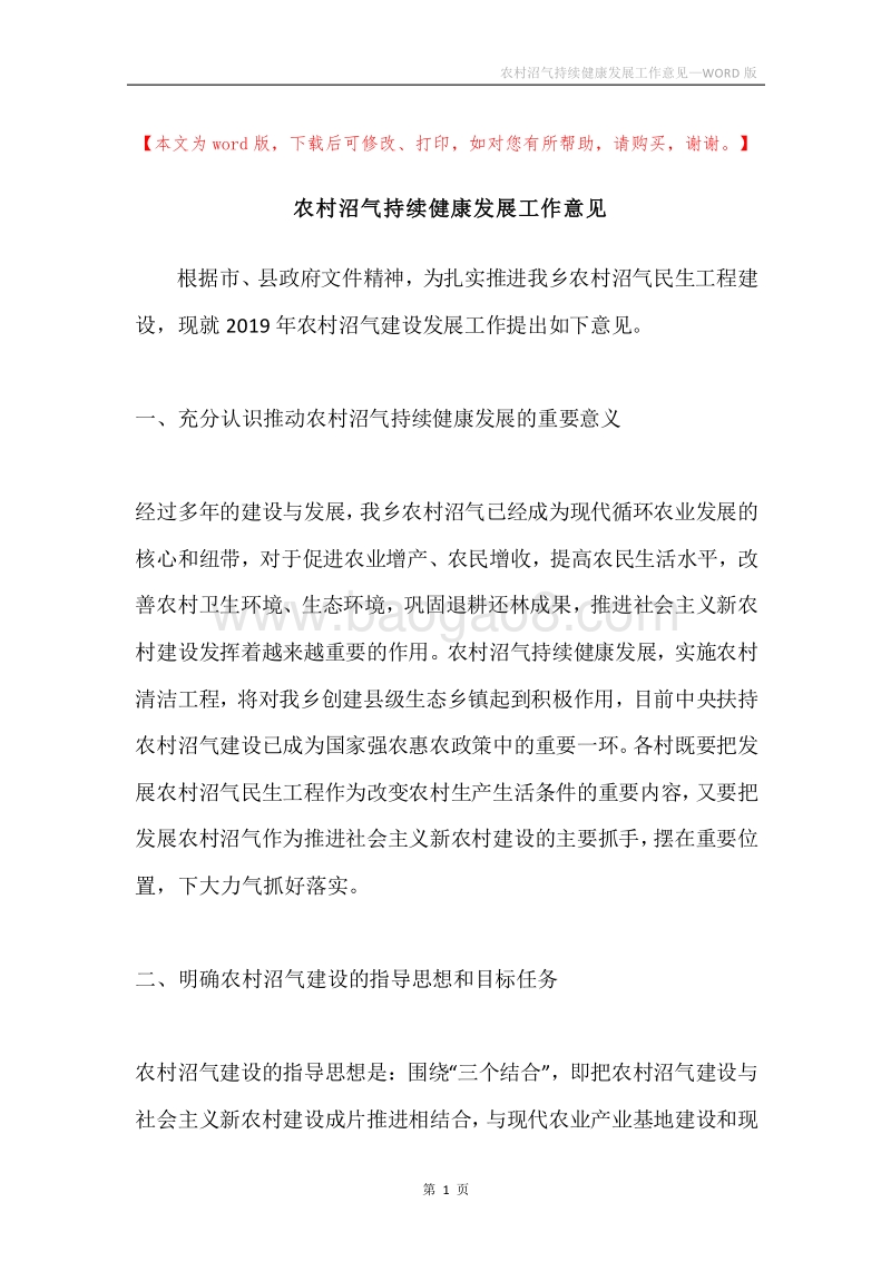 农村沼气持续健康发展工作意见.docx_第1页
