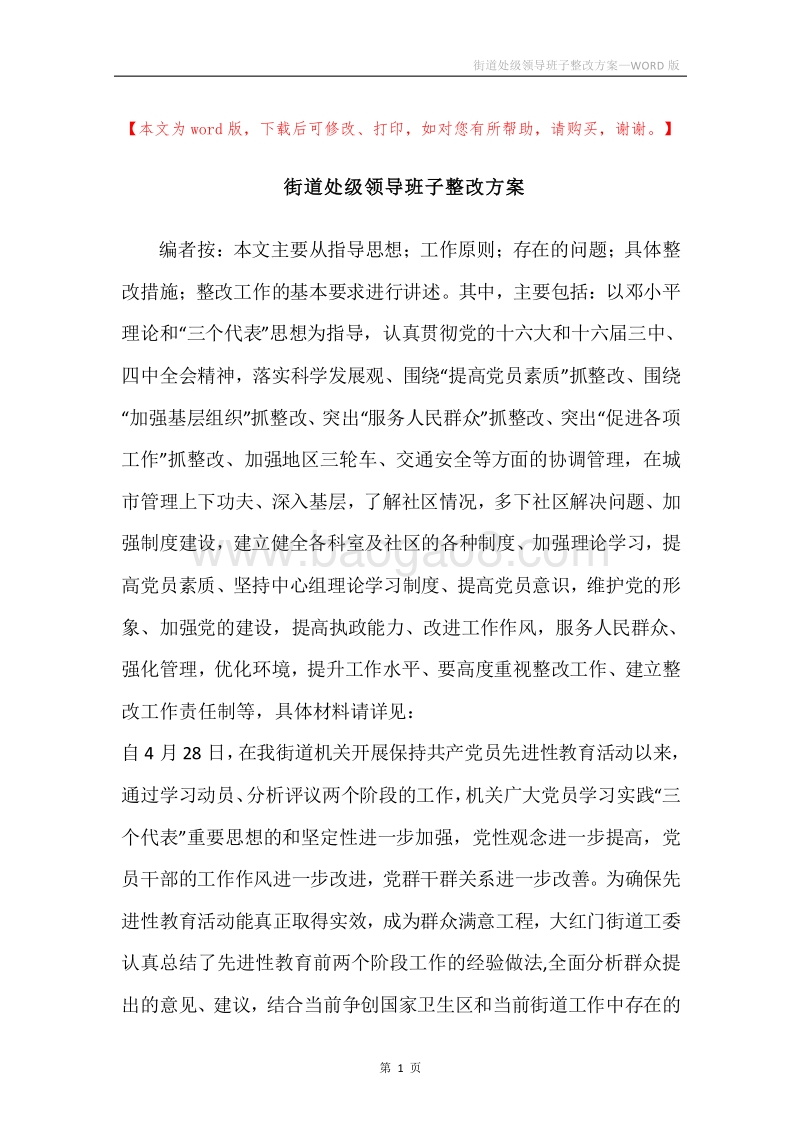 街道处级领导班子整改方案.docx_第1页