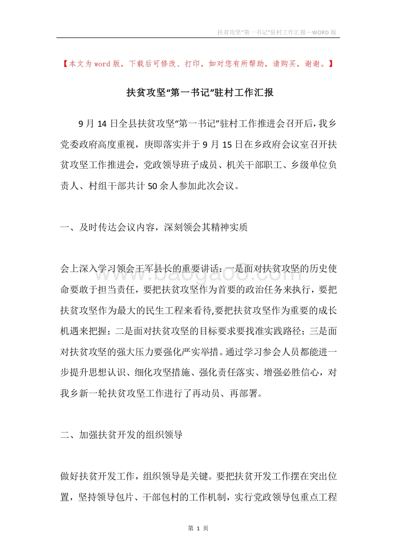 扶贫攻坚“第一书记”驻村工作汇报.docx_第1页