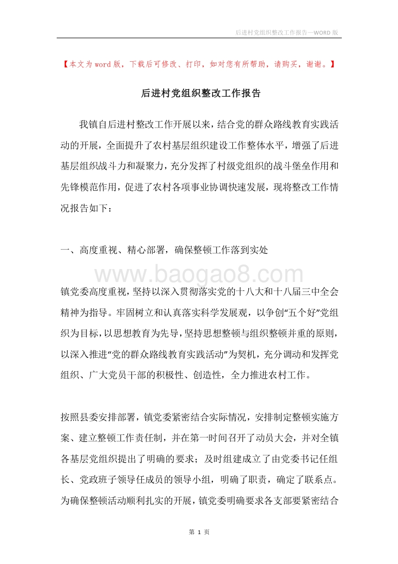 后进村党组织整改工作报告.docx_第1页