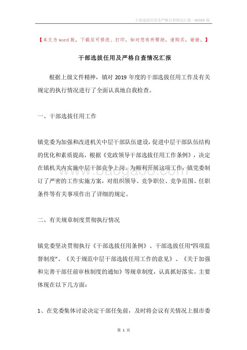 干部选拔任用及严格自查情况汇报.docx_第1页