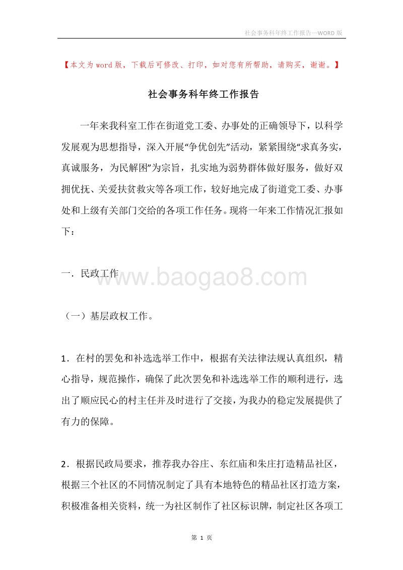 社会事务科年终工作报告.docx_第1页