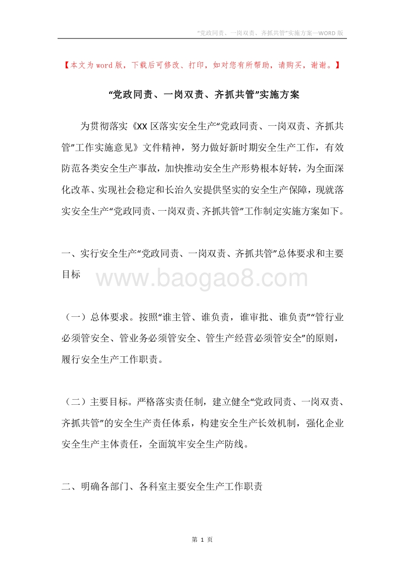 “党政同责、一岗双责、齐抓共管”实施方案.docx_第1页