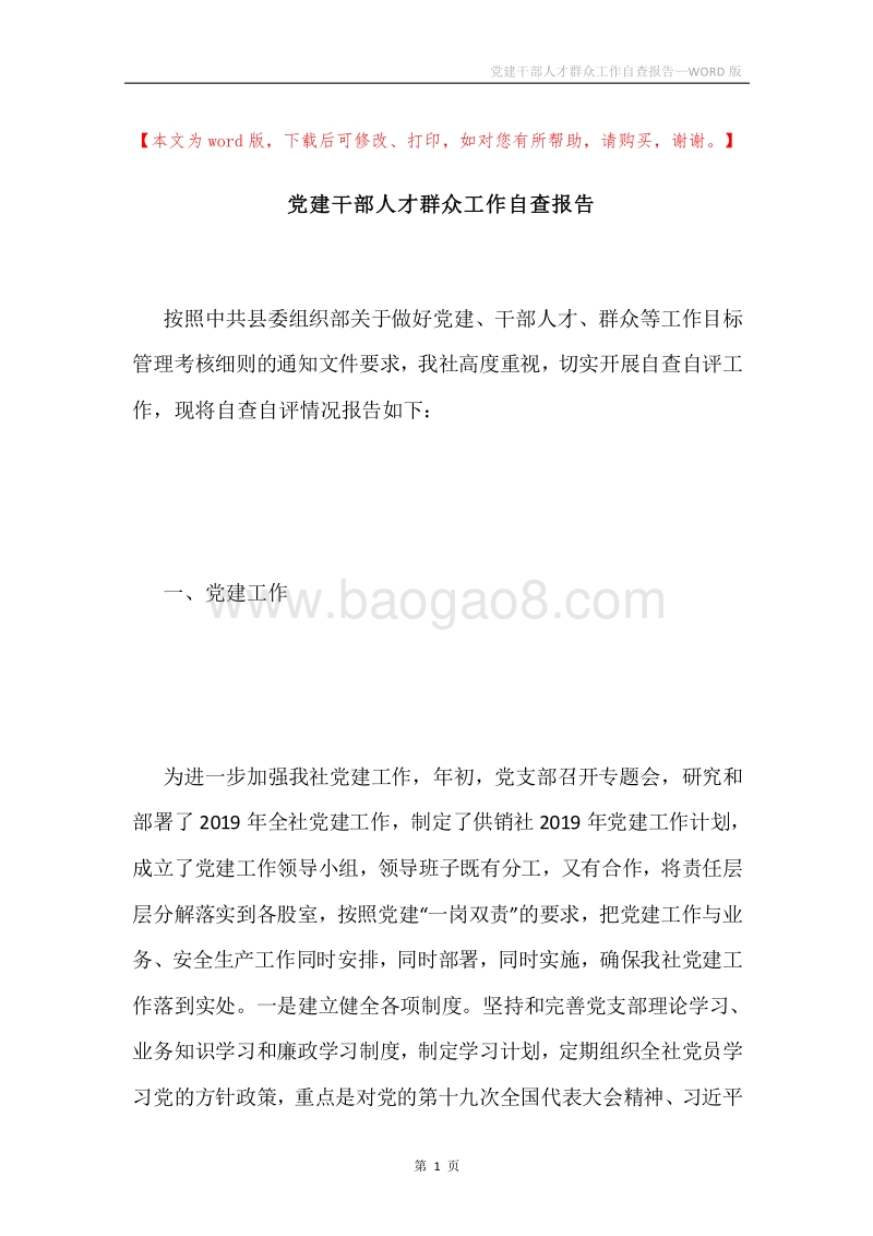 党建干部人才群众工作自查报告.docx_第1页