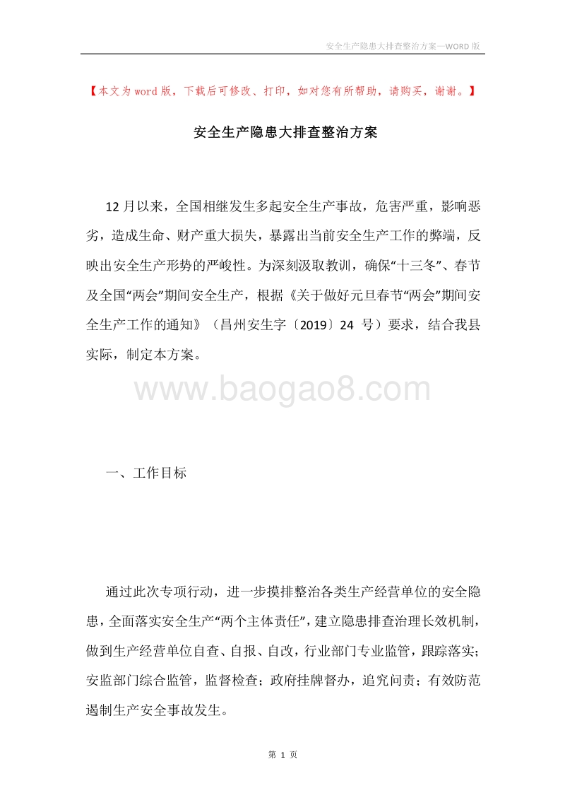 安全生产隐患大排查整治方案.docx_第1页