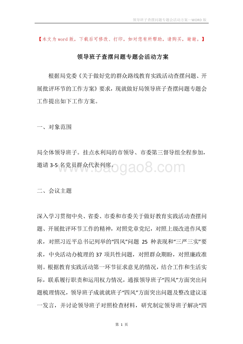 领导班子查摆问题专题会活动方案.docx_第1页
