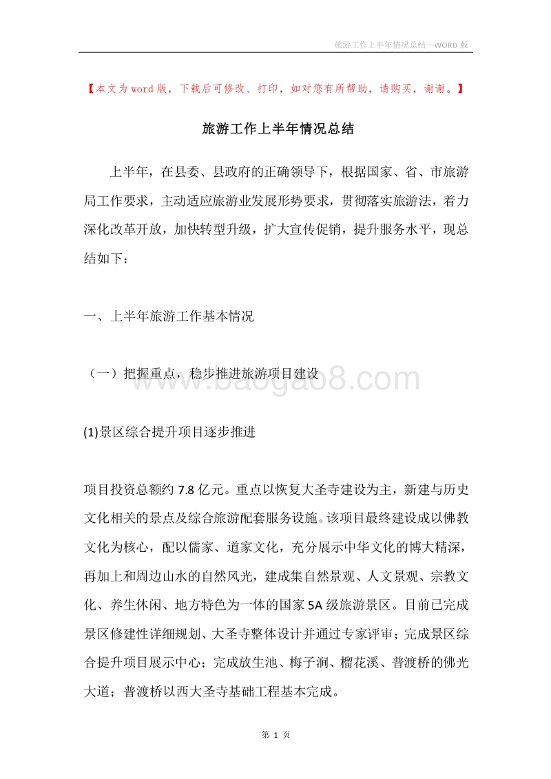 旅游工作上半年情况总结.docx_第1页