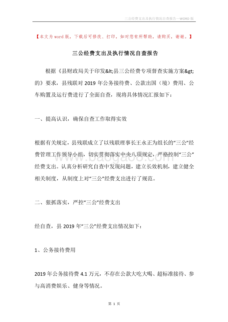 三公经费支出及执行情况自查报告.docx_第1页