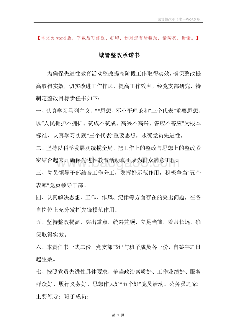 城管整改承诺书.docx_第1页