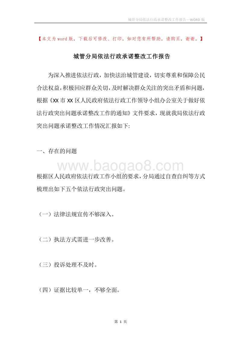 城管分局依法行政承诺整改工作报告.docx_第1页