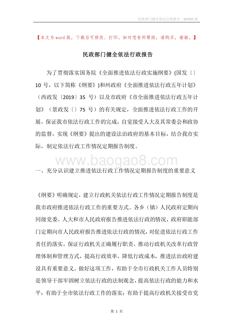 民政部门健全依法行政报告.docx_第1页