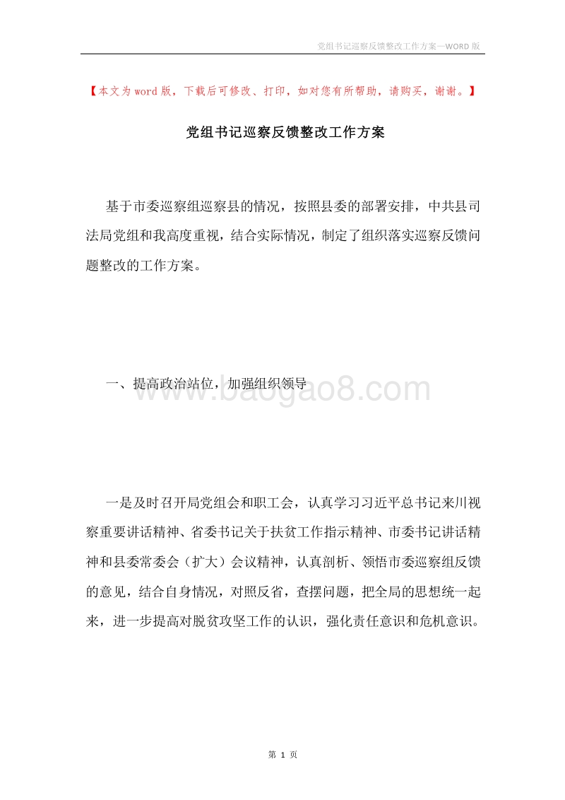 党组书记巡察反馈整改工作方案.docx_第1页