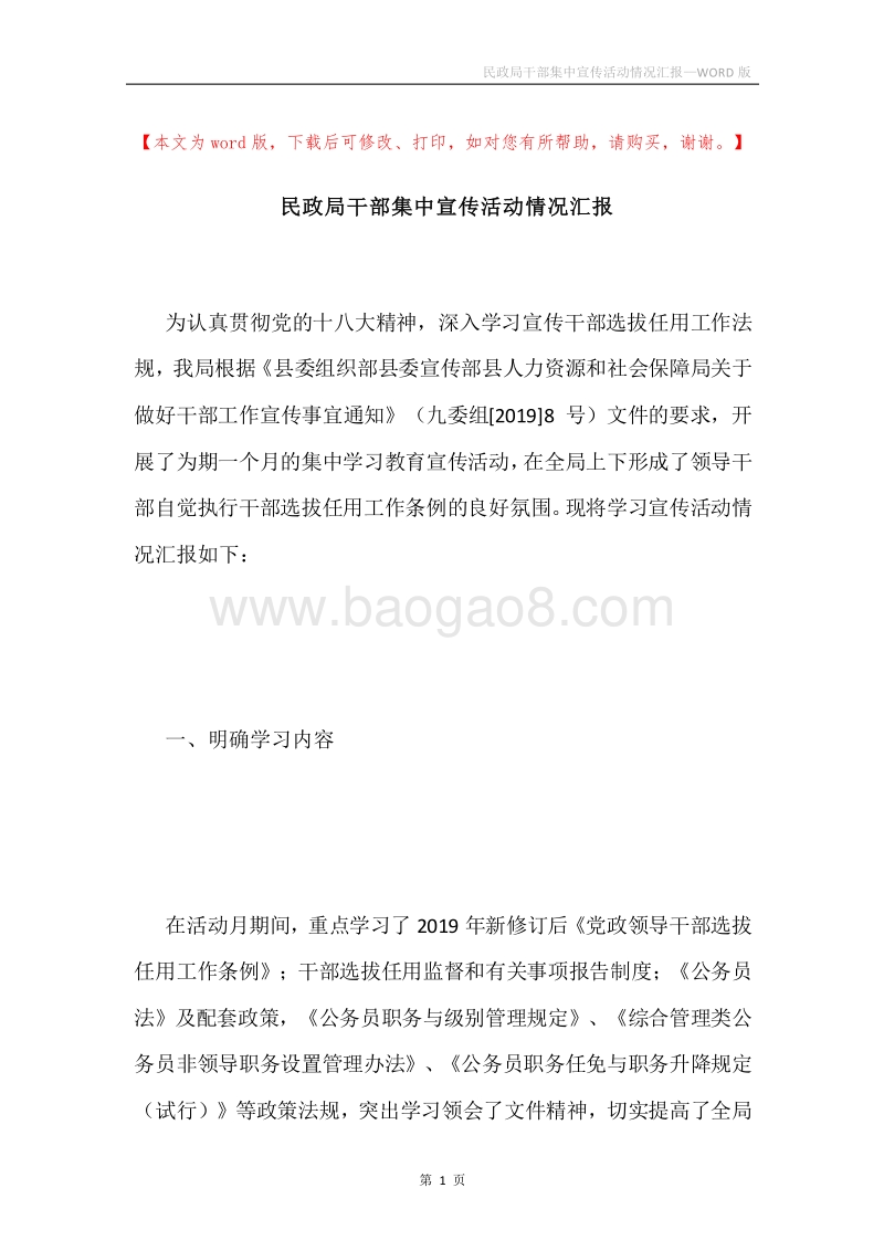 民政局干部集中宣传活动情况汇报.docx_第1页