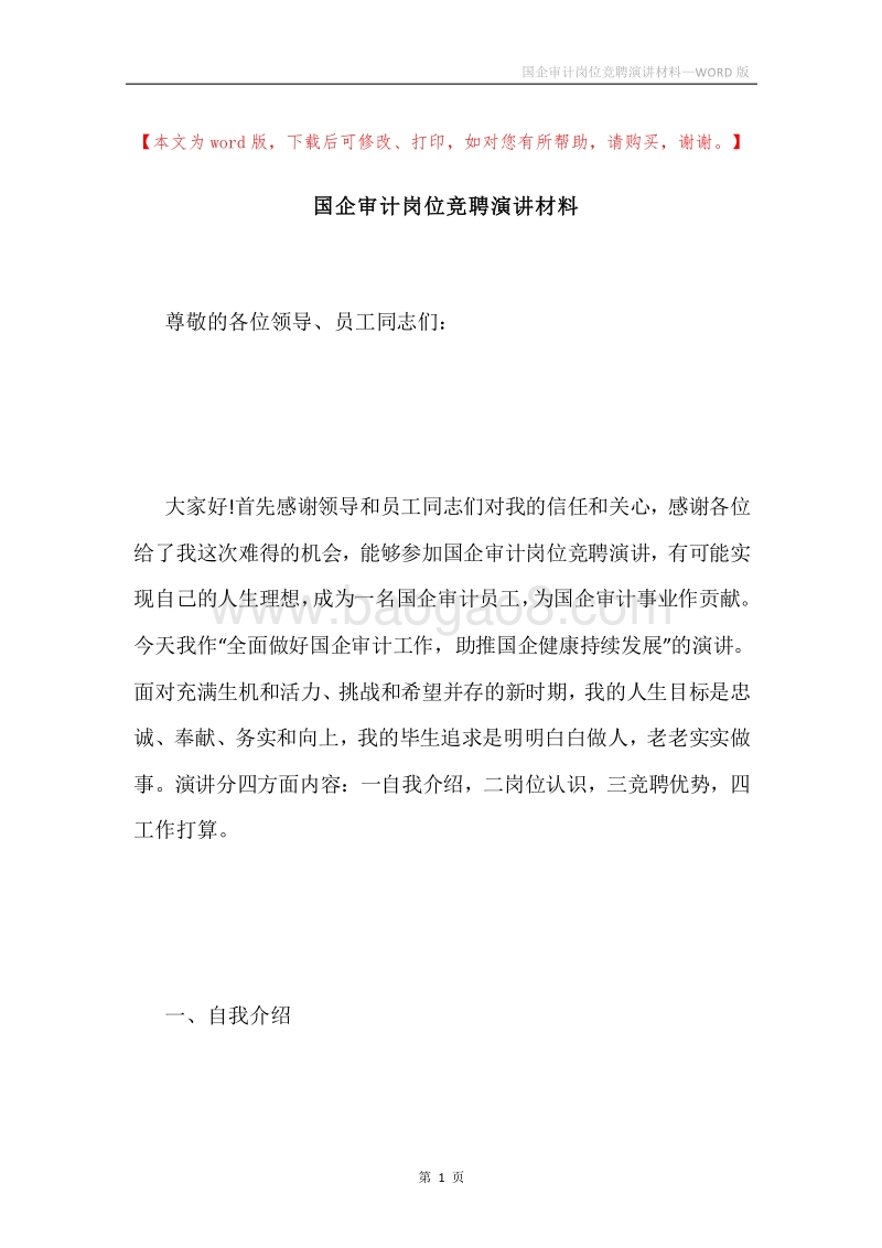 国企审计岗位竞聘演讲材料.docx_第1页