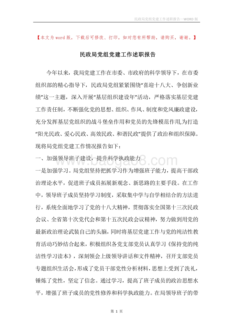 民政局党组党建工作述职报告.docx_第1页