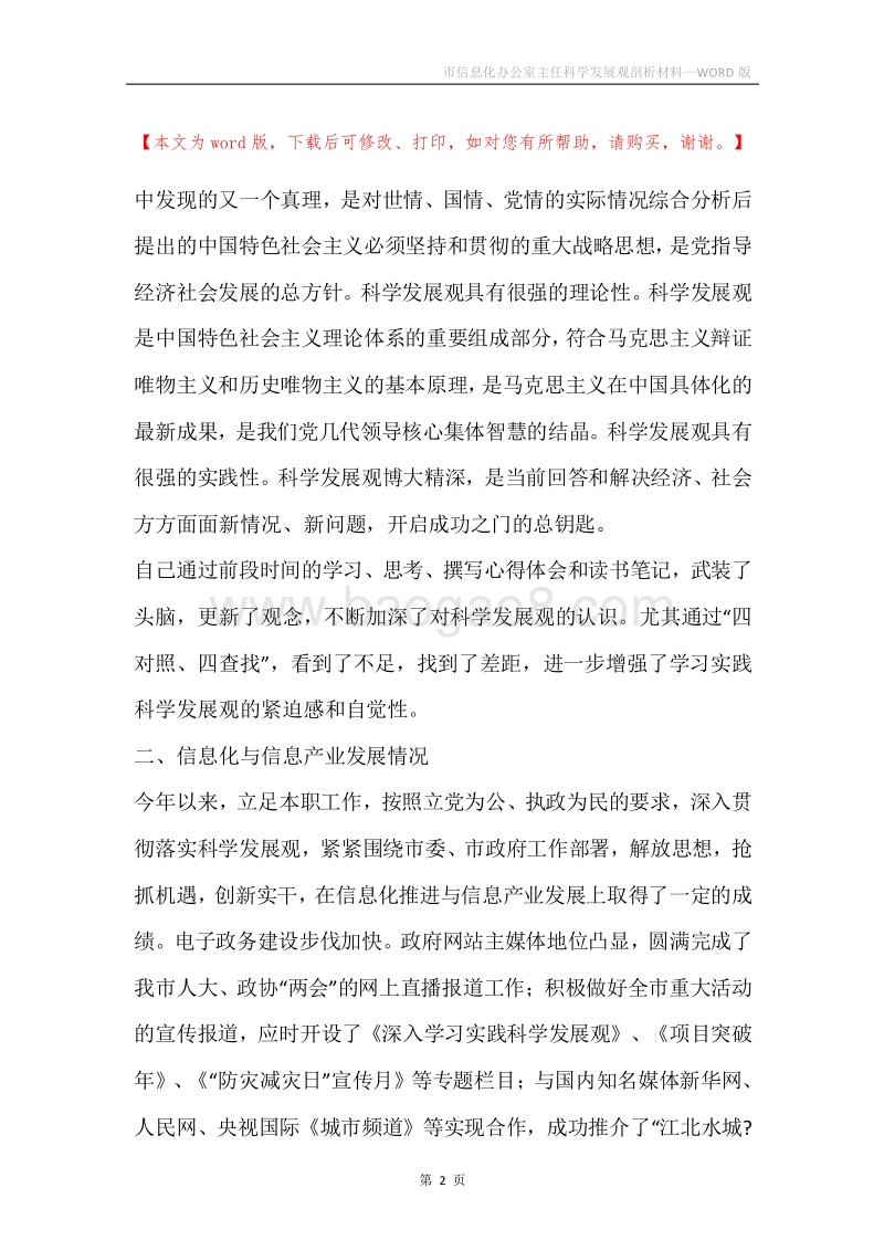 市信息化办公室主任科学发展观剖析材料.docx_第2页