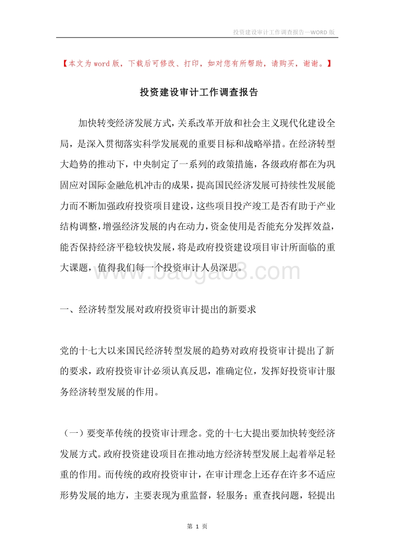 投资建设审计工作调查报告.docx_第1页