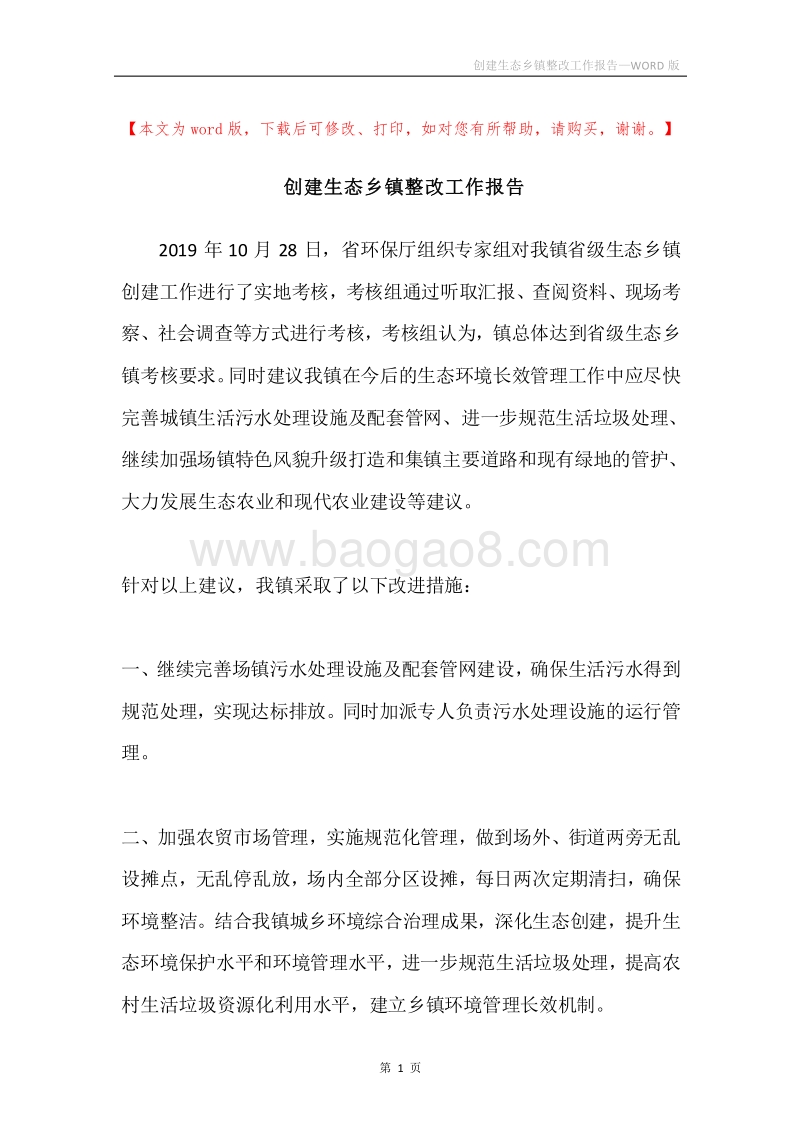 创建生态乡镇整改工作报告.docx_第1页