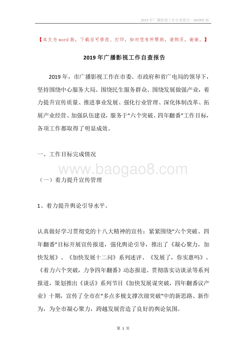 2019年广播影视工作自查报告.docx_第1页