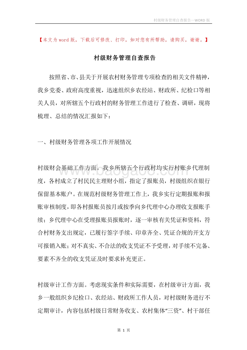 村级财务管理自查报告.docx_第1页
