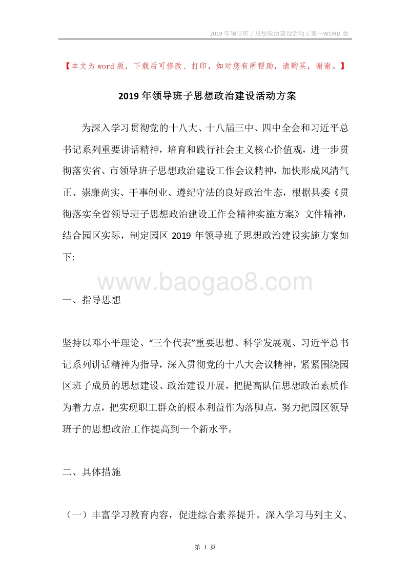 2019年领导班子思想政治建设活动方案.docx_第1页