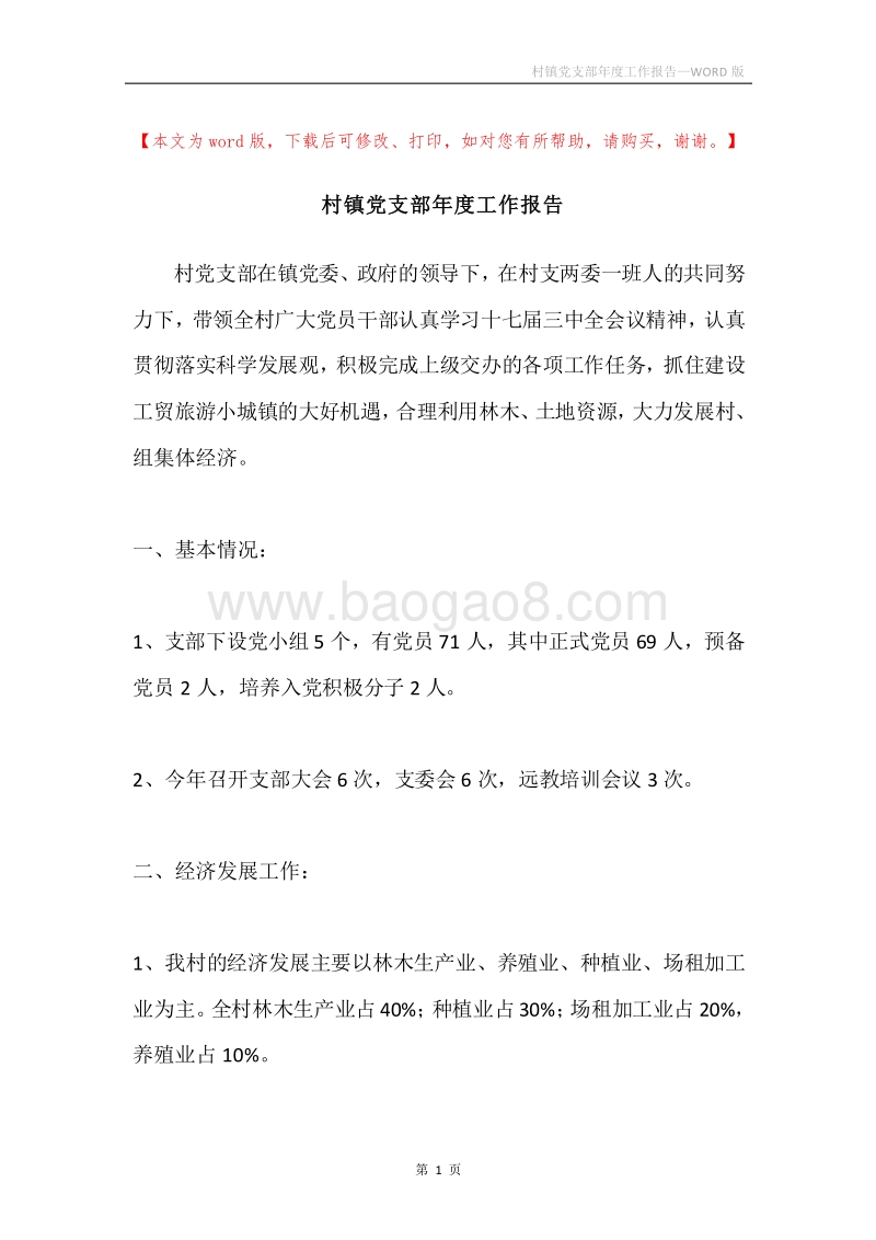 村镇党支部年度工作报告.docx_第1页