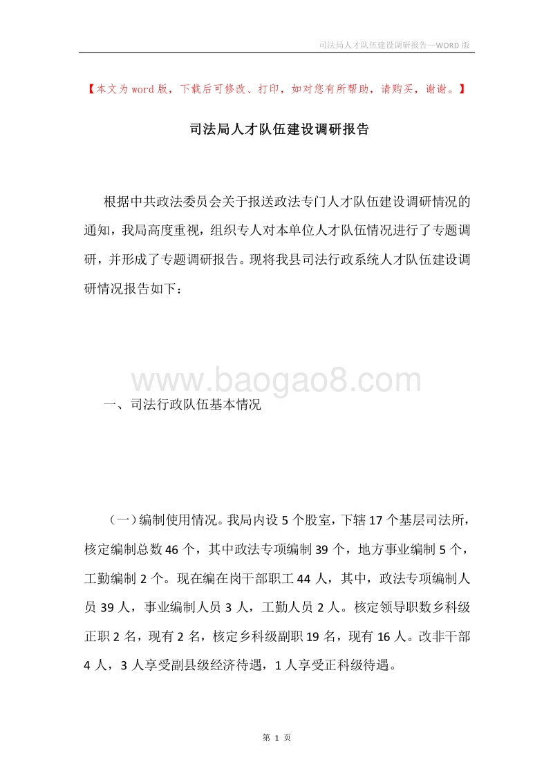 司法局人才队伍建设调研报告.docx_第1页