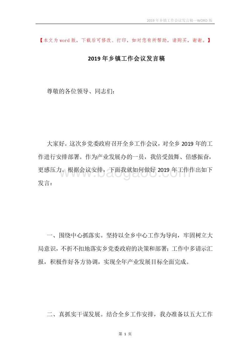 2019年乡镇工作会议发言稿.docx_第1页