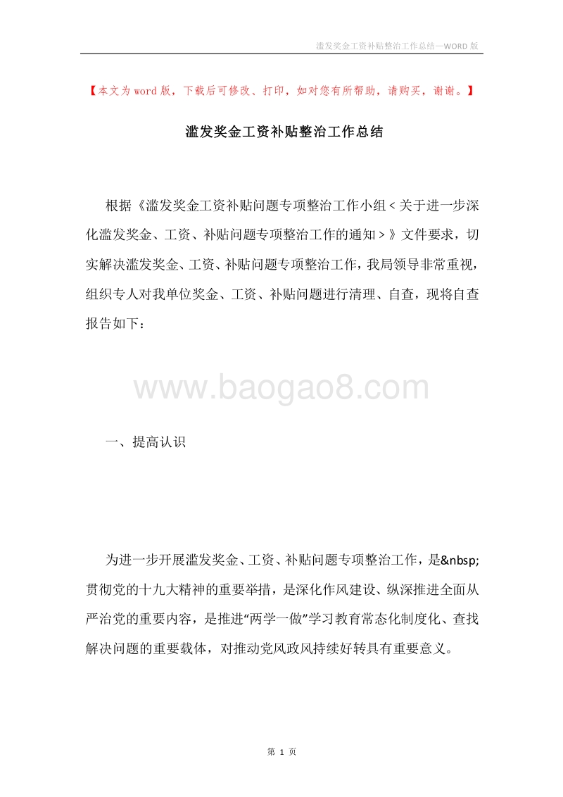 滥发奖金工资补贴整治工作总结.docx_第1页