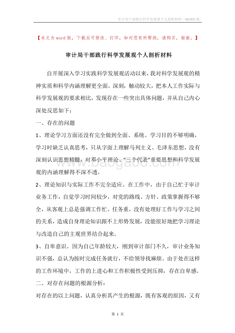 审计局干部践行科学发展观个人剖析材料_1.docx_第1页
