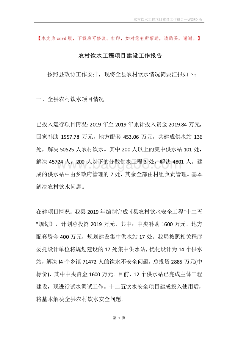 农村饮水工程项目建设工作报告.docx_第1页