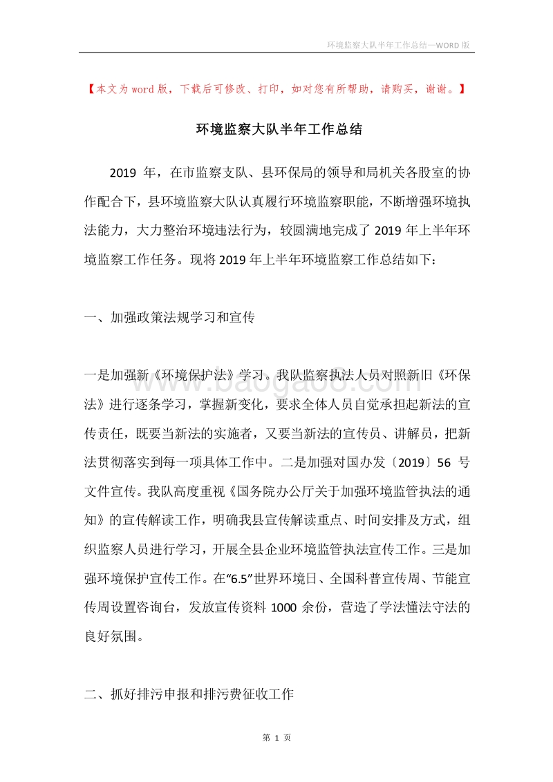 环境监察大队半年工作总结.docx_第1页