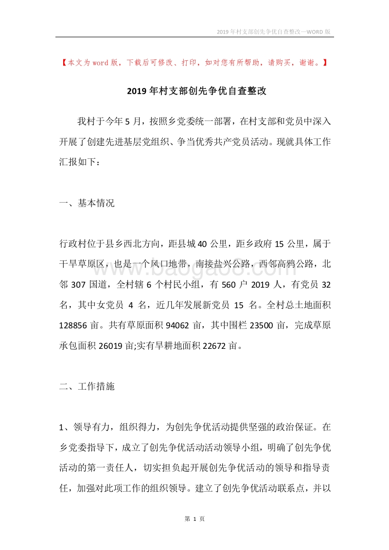 2019年村支部创先争优自查整改.docx_第1页