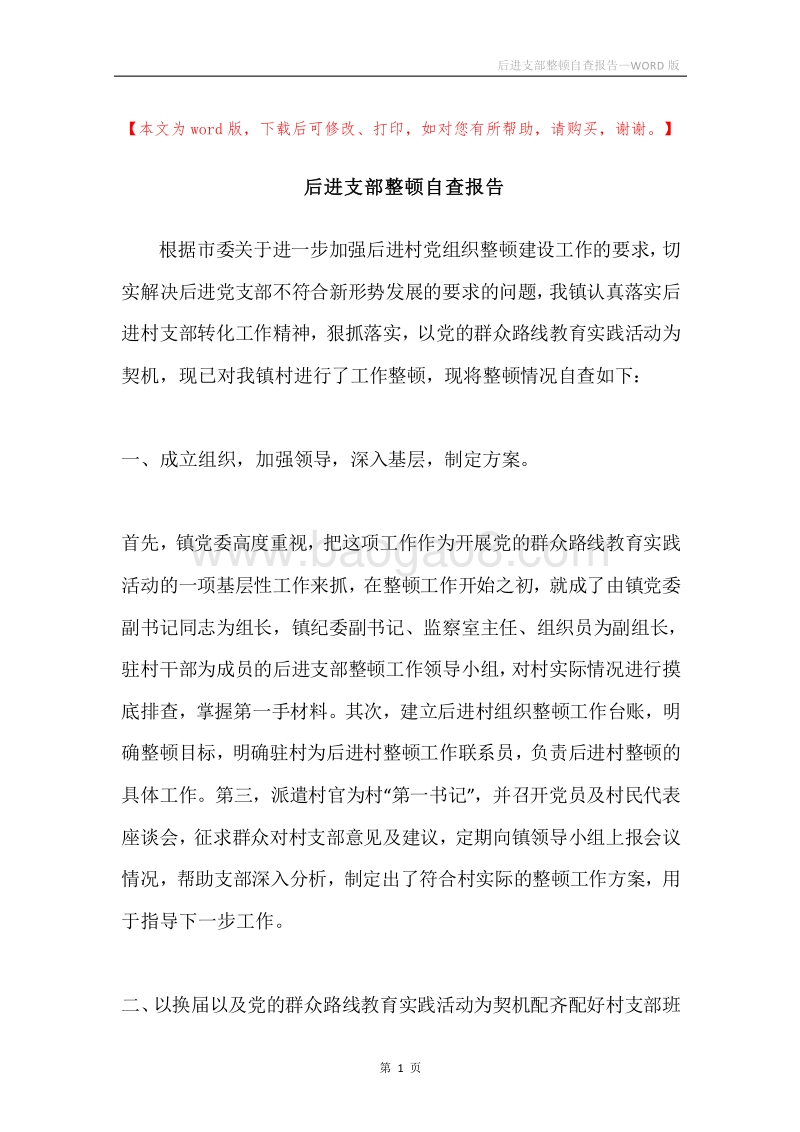 后进支部整顿自查报告.docx_第1页