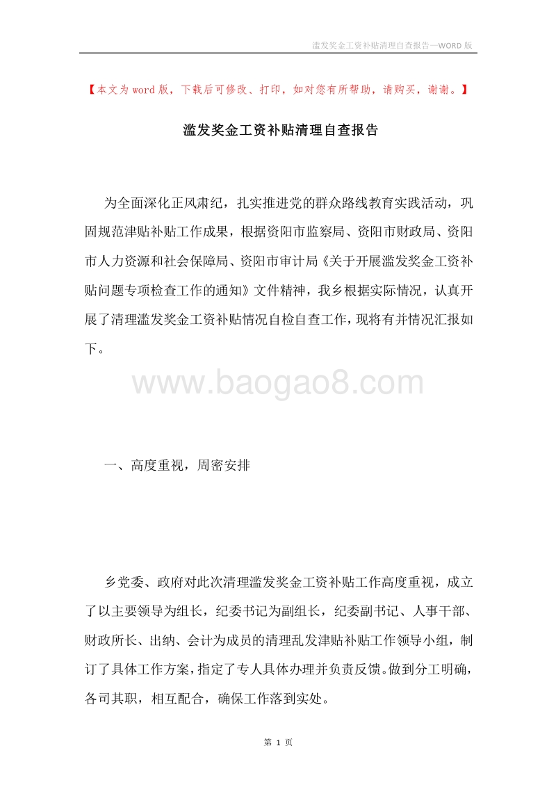 滥发奖金工资补贴清理自查报告.docx_第1页
